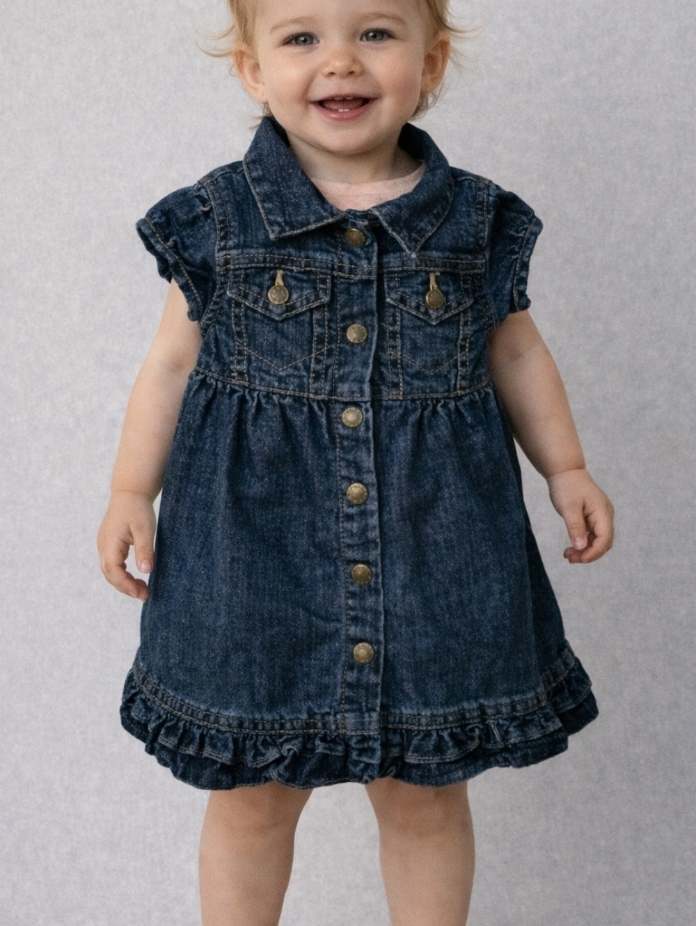 3/$30 VTG BABY GAP Western Denim Ruffle Summer Dress 9-12 Months